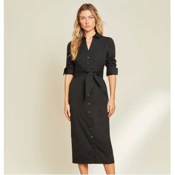 Veronica Beard Dresses & Skirts - Veronica Beard Janelle Shirt Dress Size 00 Black Long Sleeve Tie Waist Midi